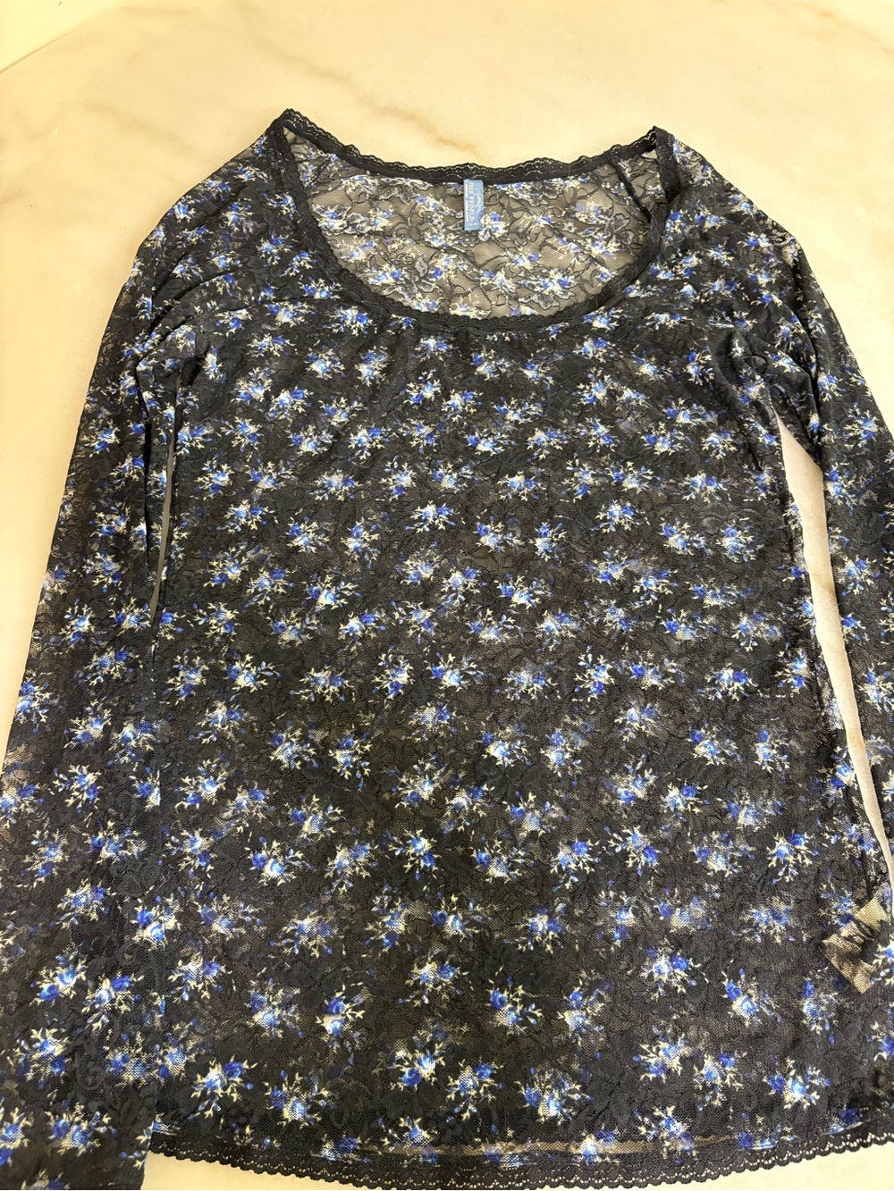 Free People Black Long-Sleeve Floral Lace-Trim Top